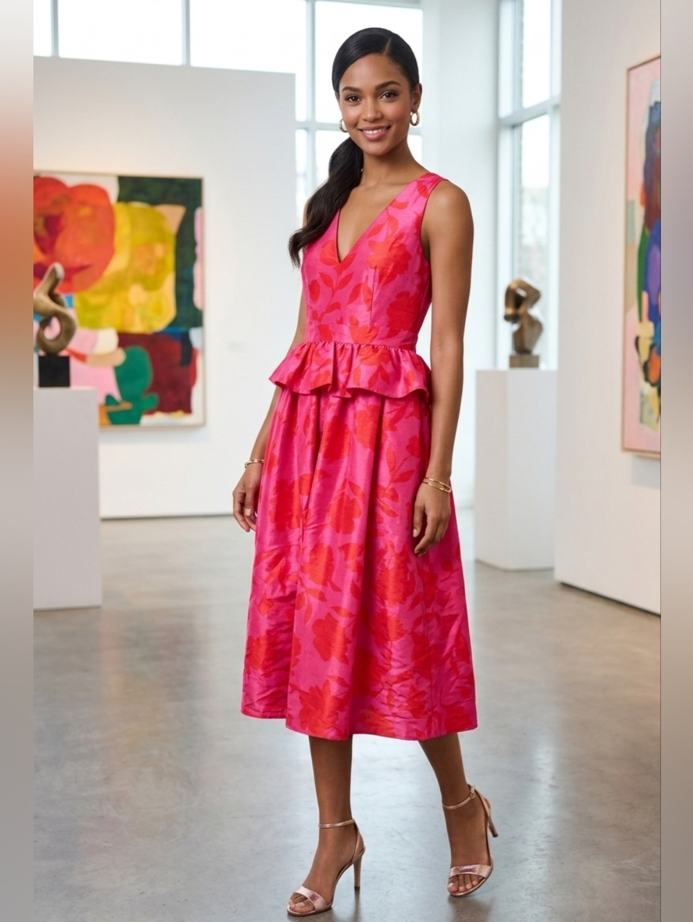 Kate Spade New York Womens Peplum Vneck Midi Dress In Pink /Red Floral Motif